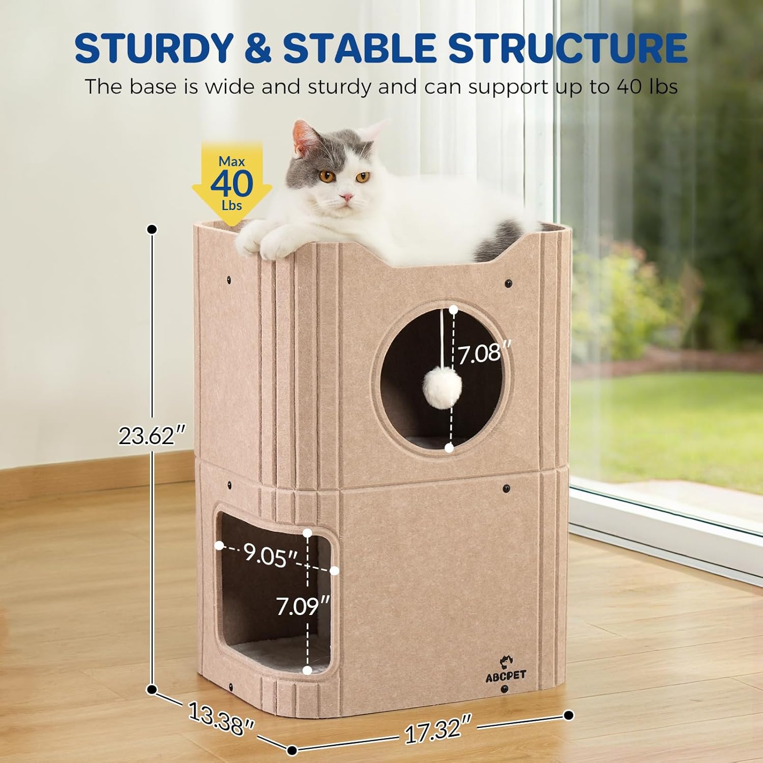 ABCPET Cat House Indoor Felt Cat Bed Scratch-résistant Kitten Cube avec lampe à bille suspendue