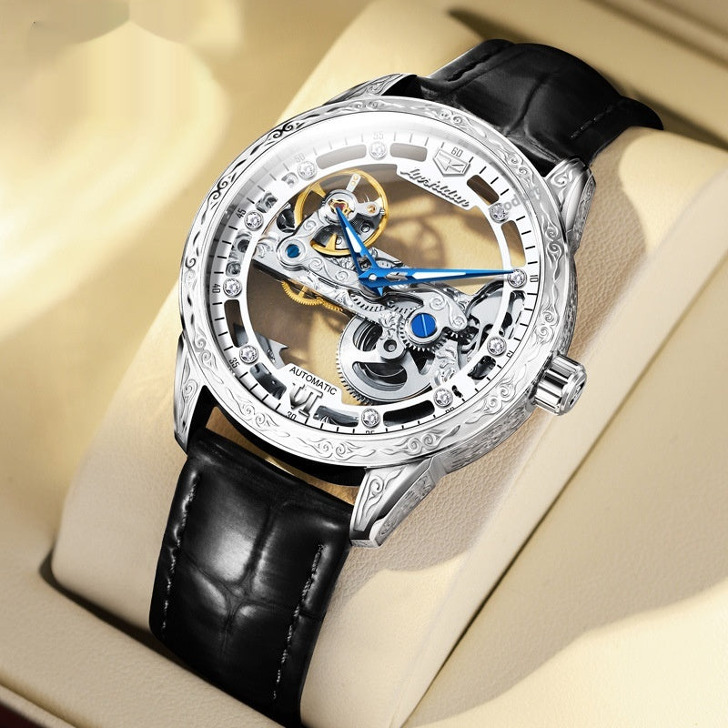 Montre mécanique openwork avec bracelet en cuir imperméable pour hommes