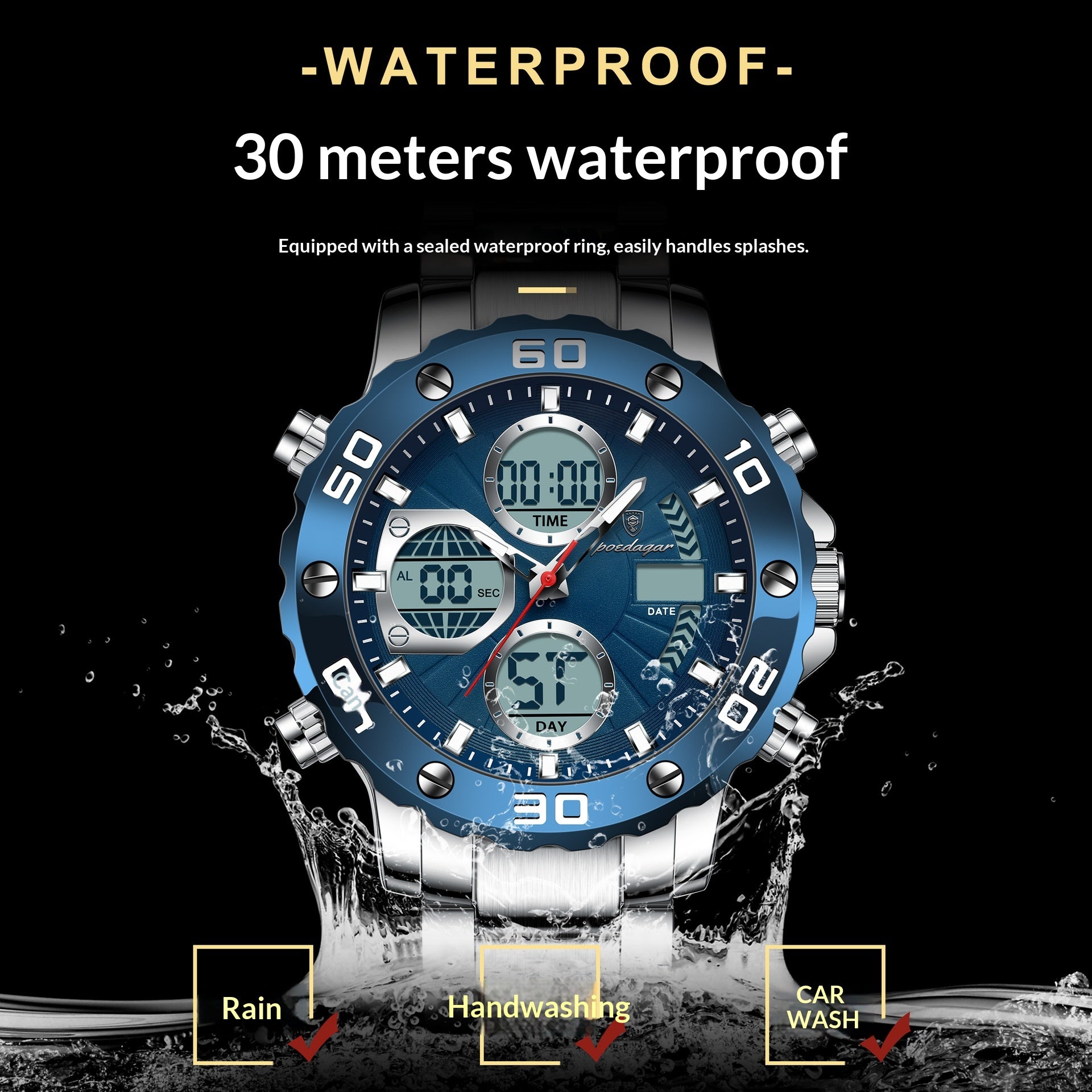 Montre électronique multifonctionnelle double affichage lumineux pour hommes
