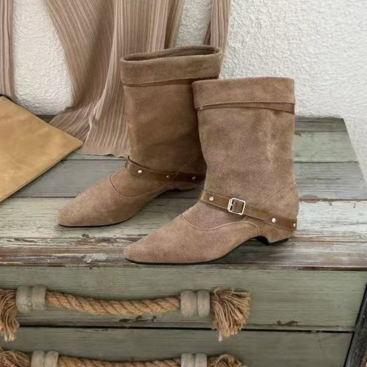 Femmes pointu Toe Suede Slouch Mid Calf Bottes Vintage rivet Buckle Strap Western Cowboy Bo