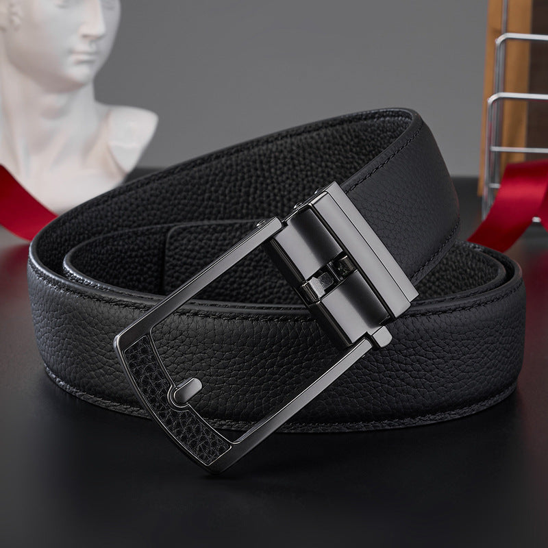Ceinture en cuir casual avec boucle automatique et motif grain Lychee