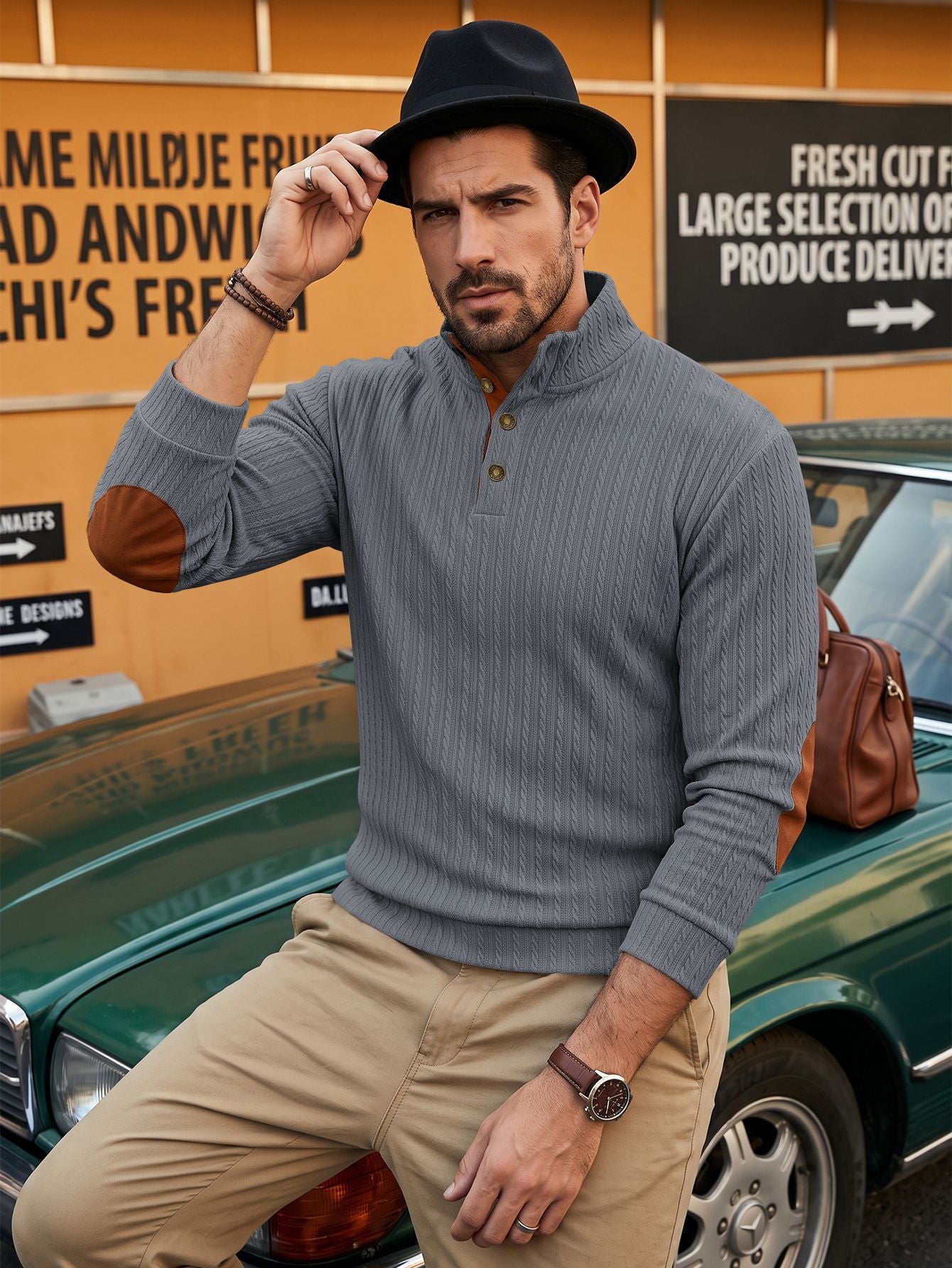 Top homme de style américain avec un collier debout et texturé Jacquard Weave