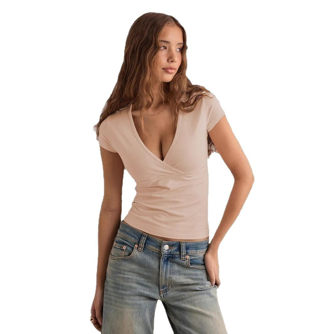 Style européen et américain Deep V-Neck Solid Color Waist-Cinching Slim-Fit Elegant Fashio