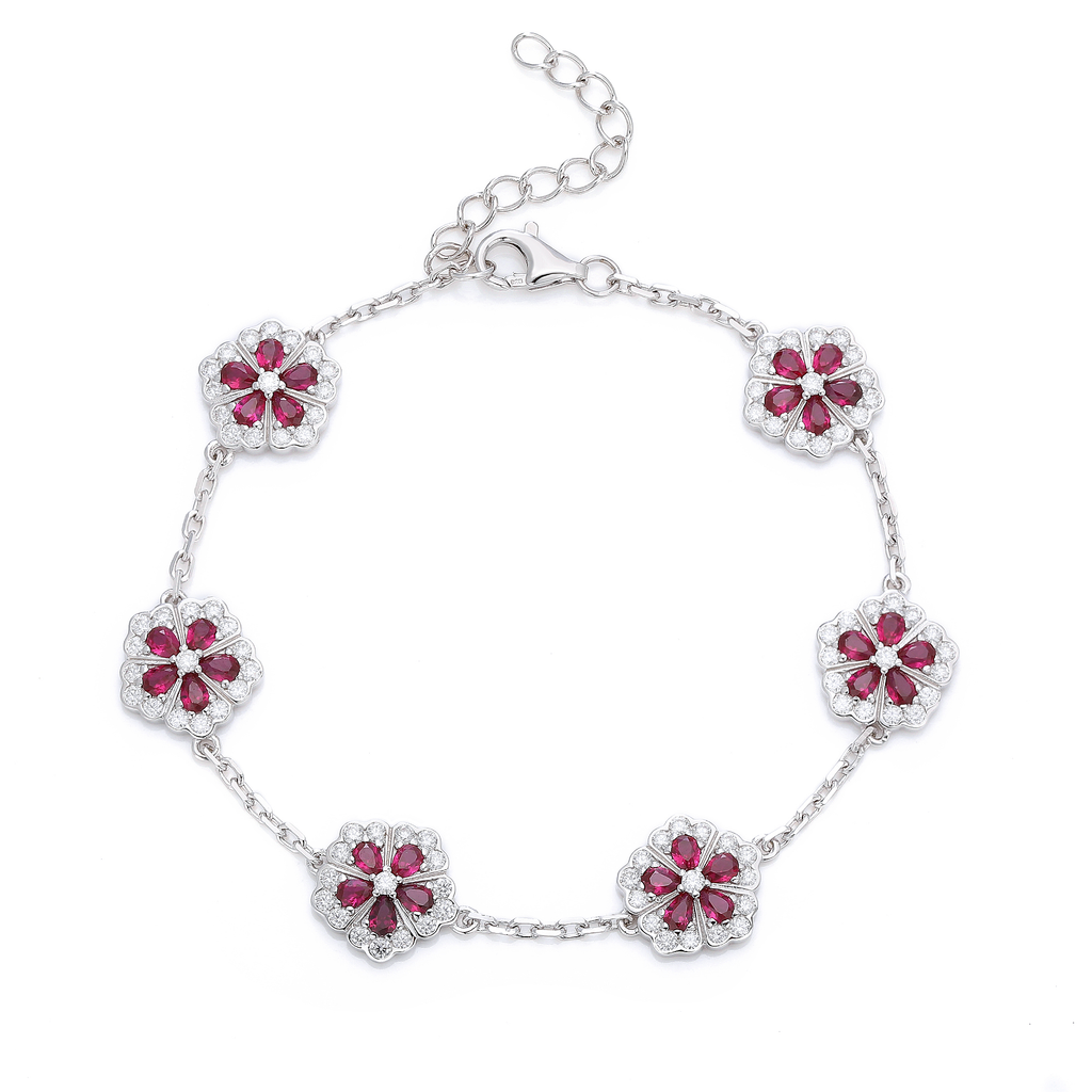 S925 Argent Sterling Rouge Lab-Grown Bracelet de fleur de pierres précieuses 16cm Platinum plaqué avec D Co