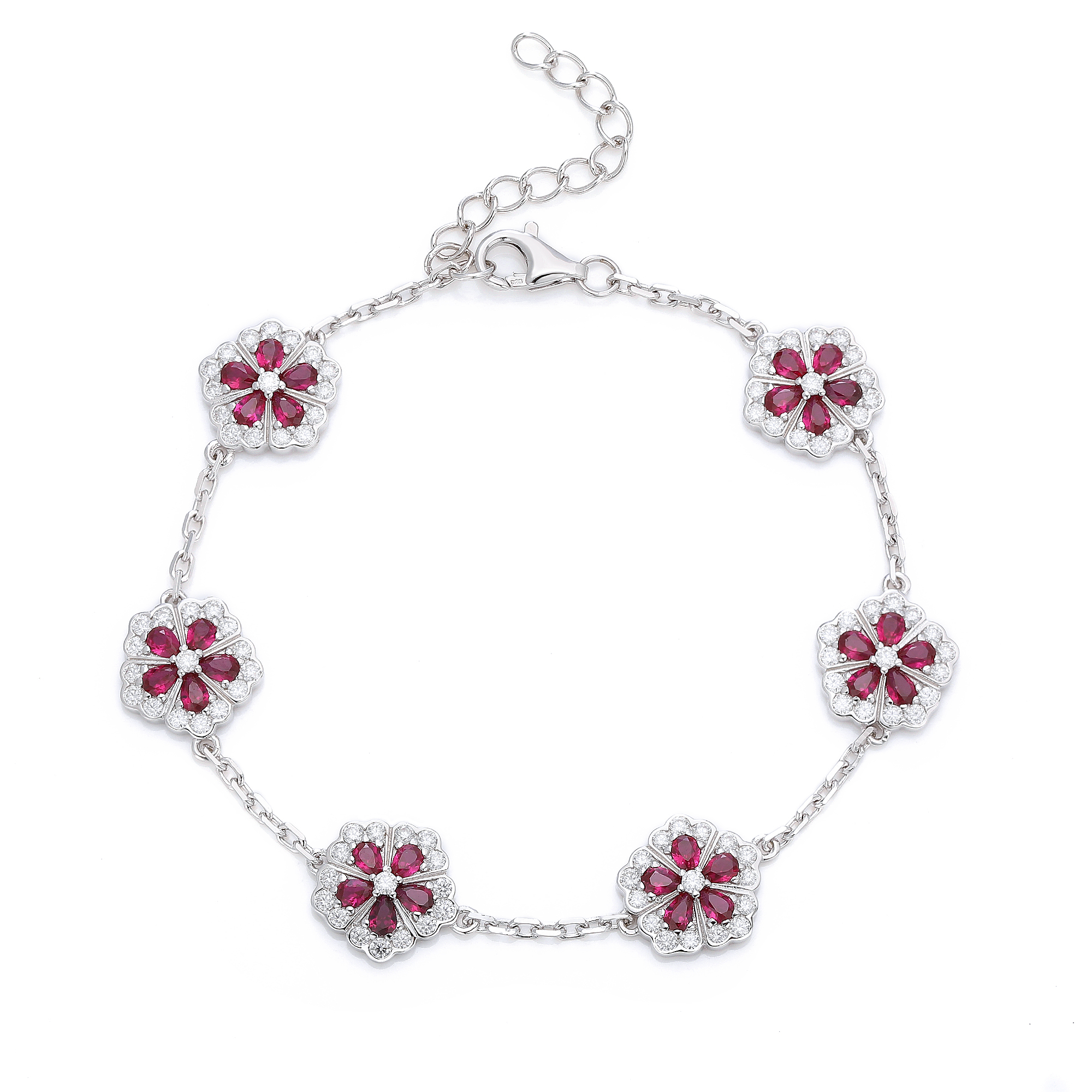 S925 Argent Sterling Rouge Lab-Grown Bracelet de fleur de pierres précieuses 16cm Platinum plaqué avec D Co