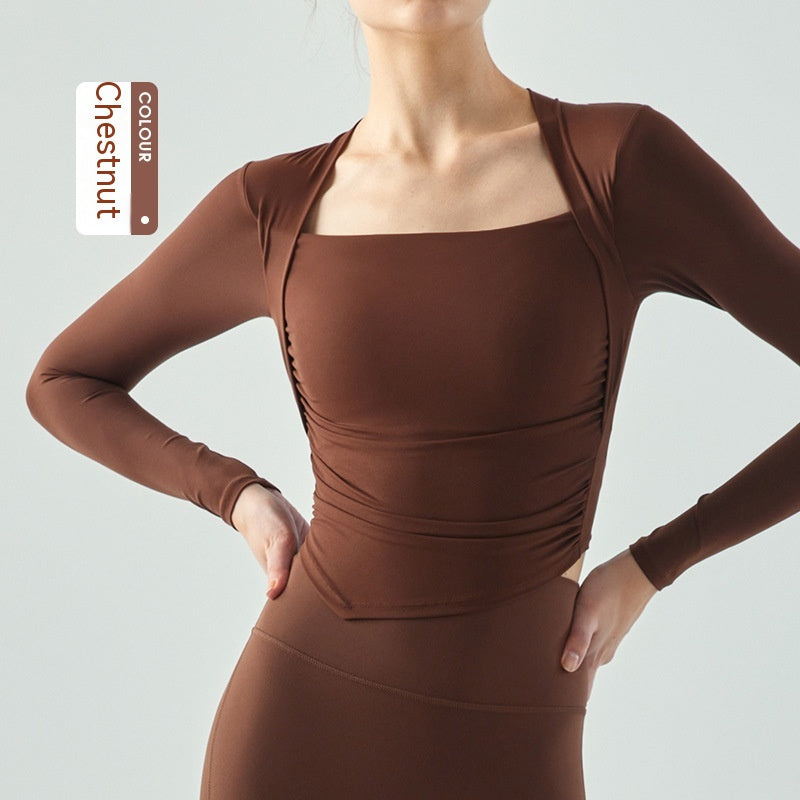 Faux vêtements de yoga deux-pièces manches longues semi-fixes Coupe de goutte d'eau plissé Slim Fit Sports