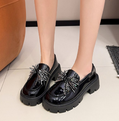 Filles Strass Strap Bow Paris Mode Style Square Ouverture Chaussures en cuir Early Fall Shi