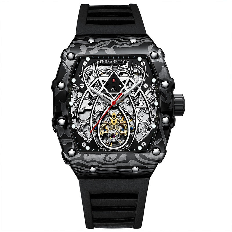 En forme de barillet Entièrement automatique mécanique Lumineux Sport Mode Hommes Montre Hollow-out