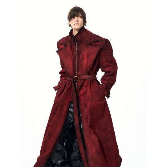 Mens Red Faux Deux-Piece Suede-Look Rembourré Thicker Long-Style Laine Trench Coat