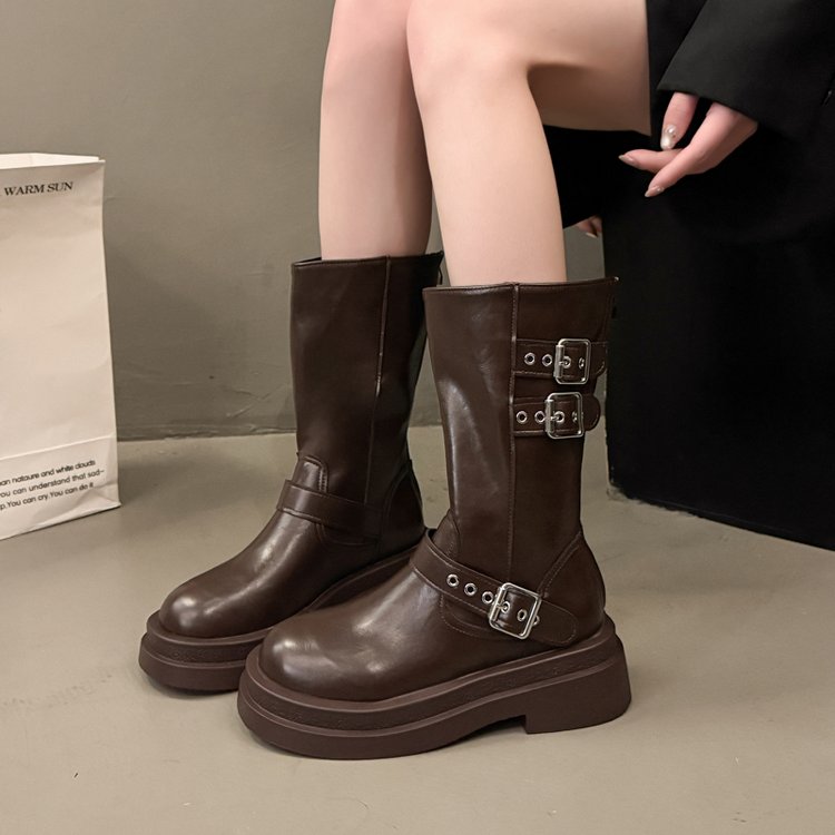 Femmes Mode Bottes souple en cuir ceinture boucle talon plat Western Cowboy Bottes été rétro R