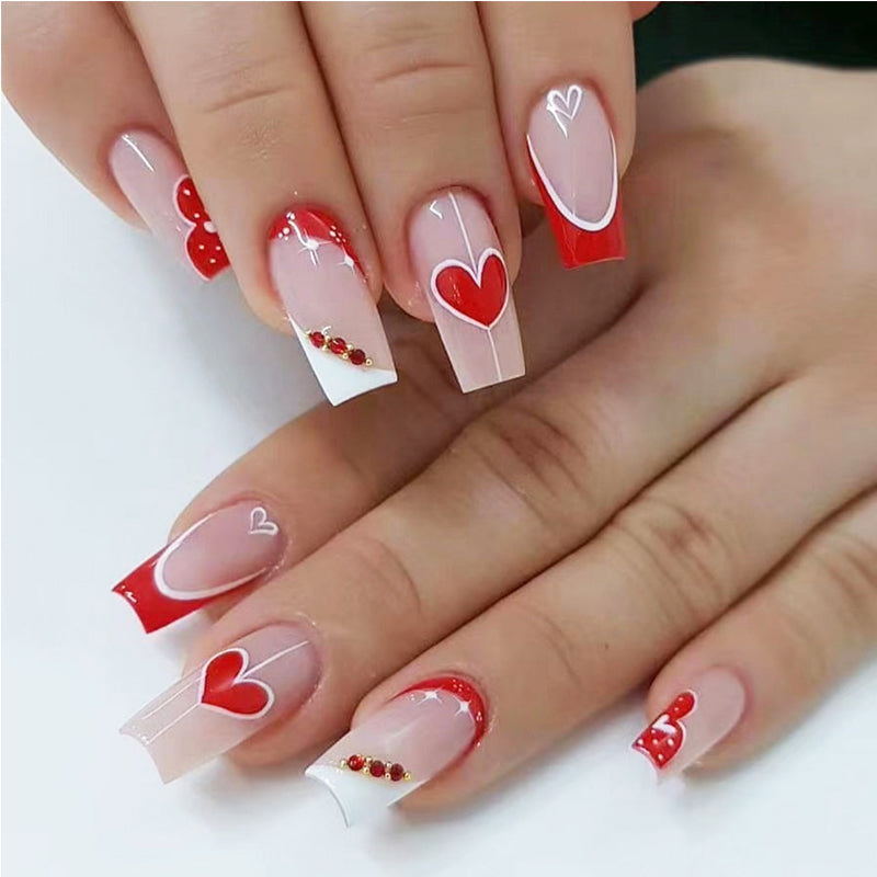 24 PCS rouge et blanc cœur ongles art