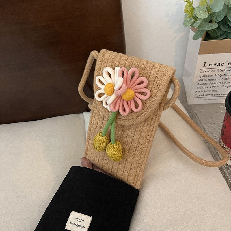 Été Cotton Rope Woven Phone Bag avec le design floral mono-épaule style