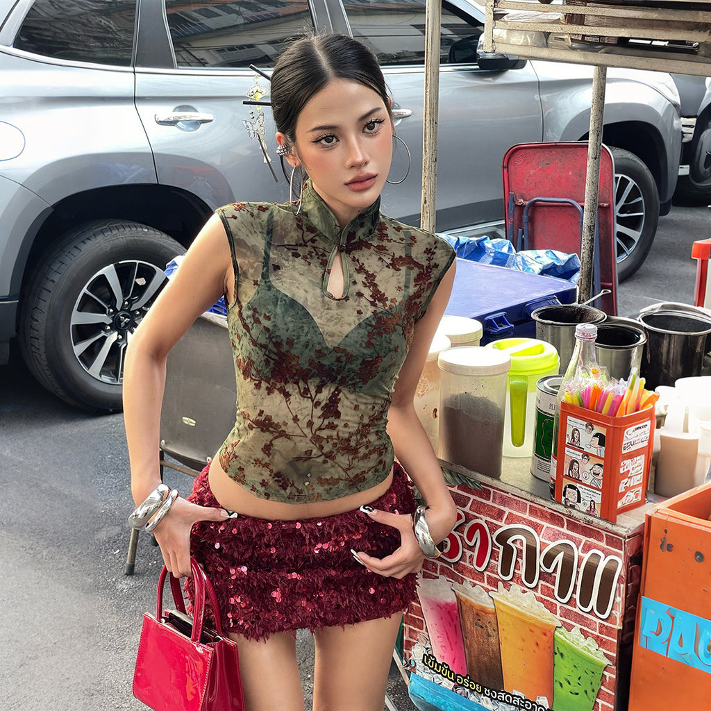 Déclaration sur le collier de style Cheongsam imprimé pour femmes haut de page