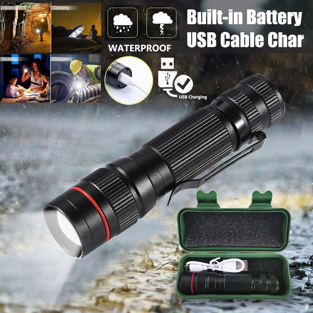 250,000 Lumens USB Rechargeable LED Mini Pen Tactical Torch Small Flashlight