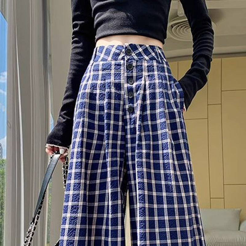 Pantalons à jambe droite en Plaid Bleu pour femmes