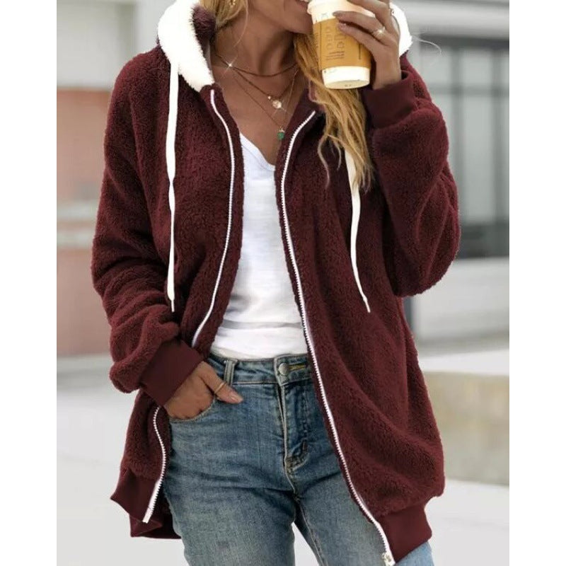 Amazon Vente Automne et Hiver Étui en peluche Zipper Veste à capuche pour femmes