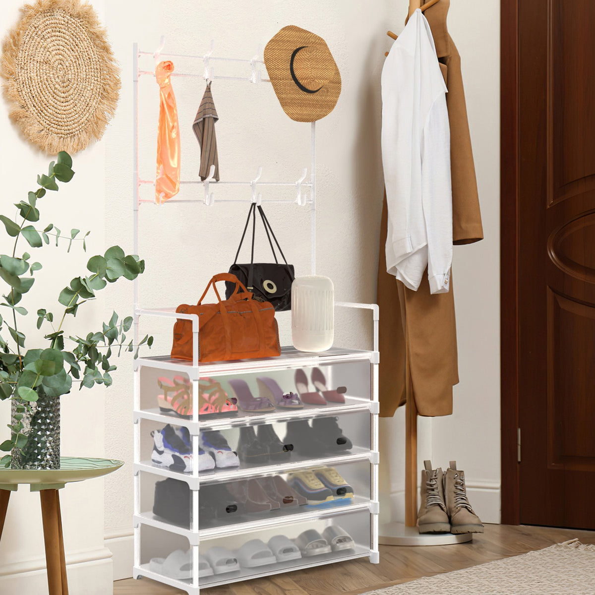 1Pc 5plus résistant à la poussière Hall d'entrée Tree Rack Rack de chaussures avec 8 crochets amovibles Freestan