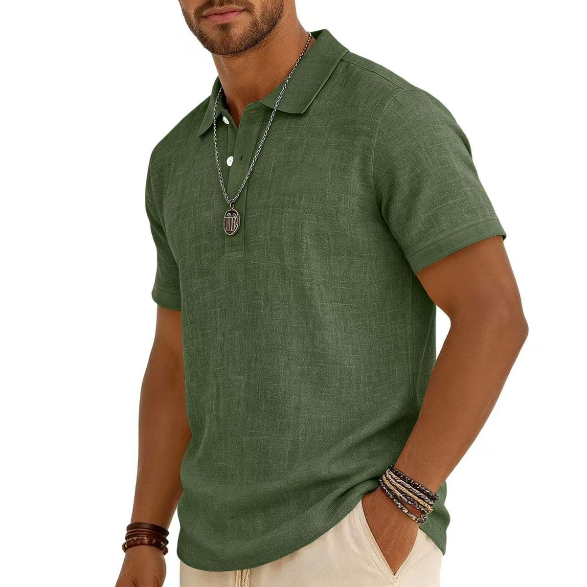 Trendy Men's Casual Solid-color Summer Bamboo-ribbed Coton Polo manches courtes Chemise Homme