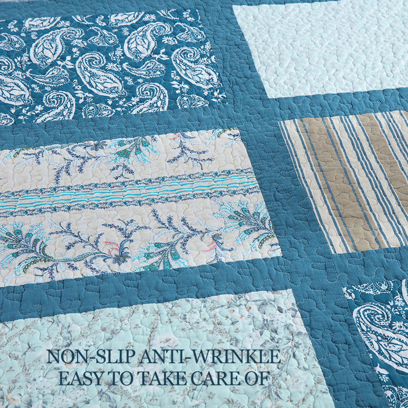 90x98 & 98x106 3 pièces Teal Blue Patchwork Comforter Set Paisley Floral Stripe Print