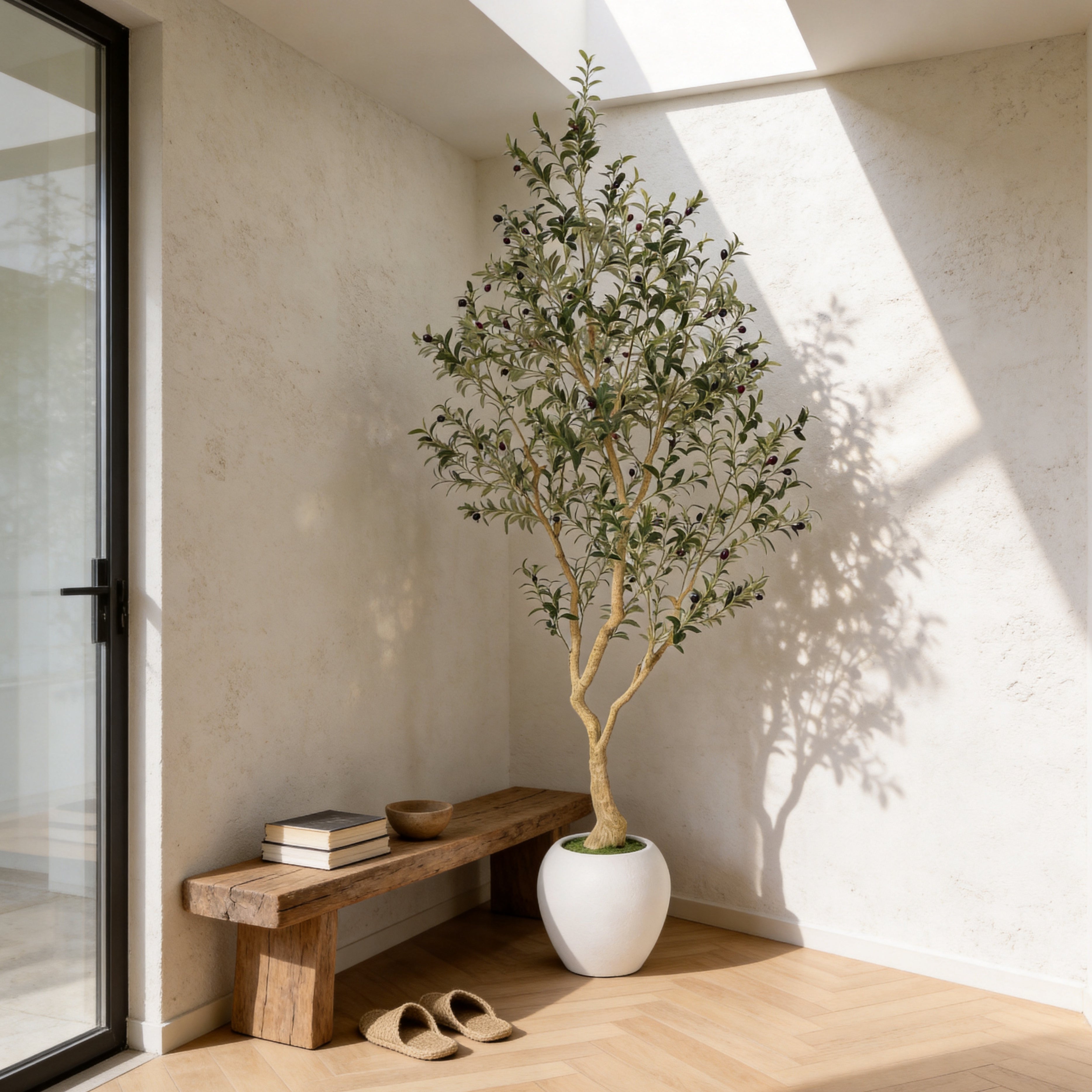 8.2FT Arbre olivier artificiel avec grand pot blanc décoratif