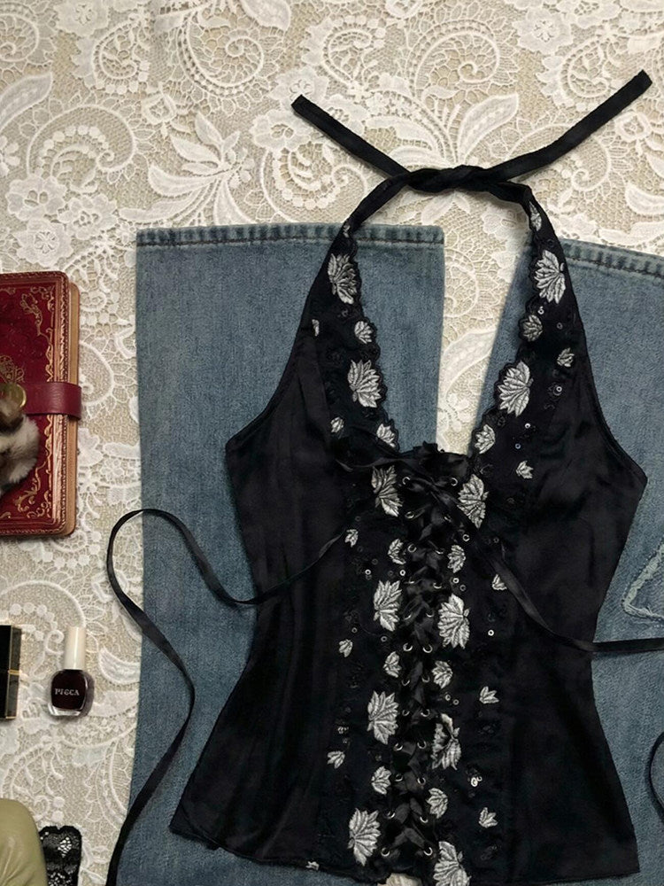 Retro Strap Halter Top Sexy et figurative pour les femmes