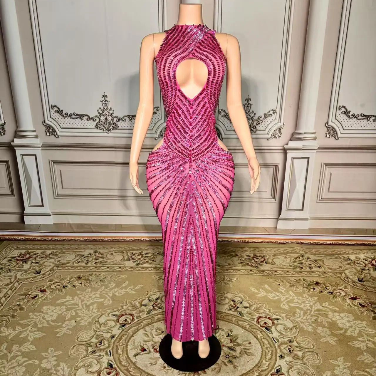 Femmes Sexy Mesh Hollow-Out Nightclub Robe de scène Performance Outfit Gown soirée