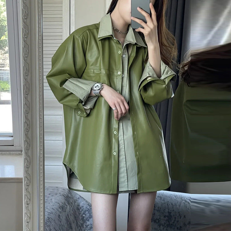 Printemps Automne manches longues mince chemise et PU veste deux pièces ensemble
