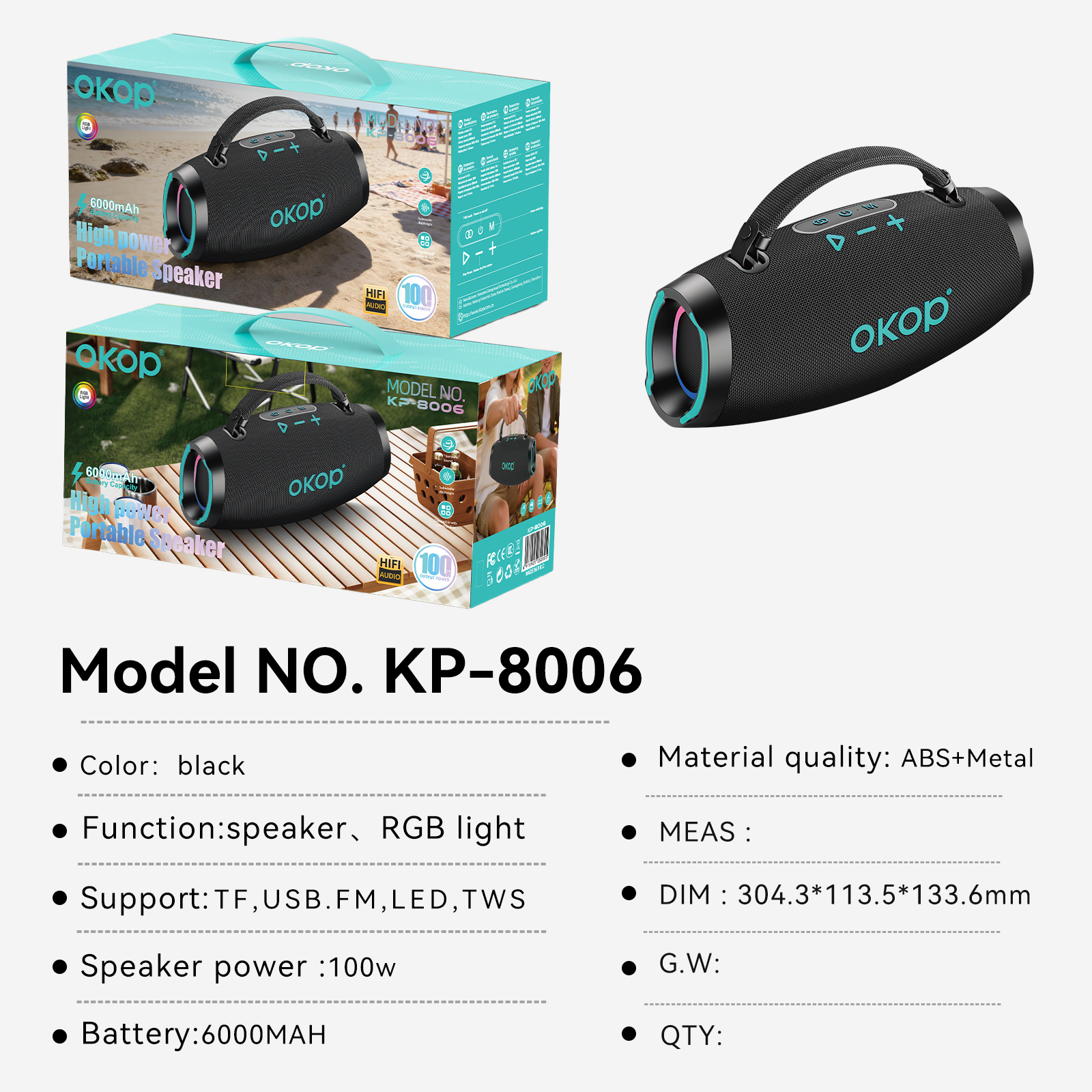KP-8006 Audio Subwoofer Haut-parleur Bluetooth portable extérieur haute puissance avec lumière couleur RGB