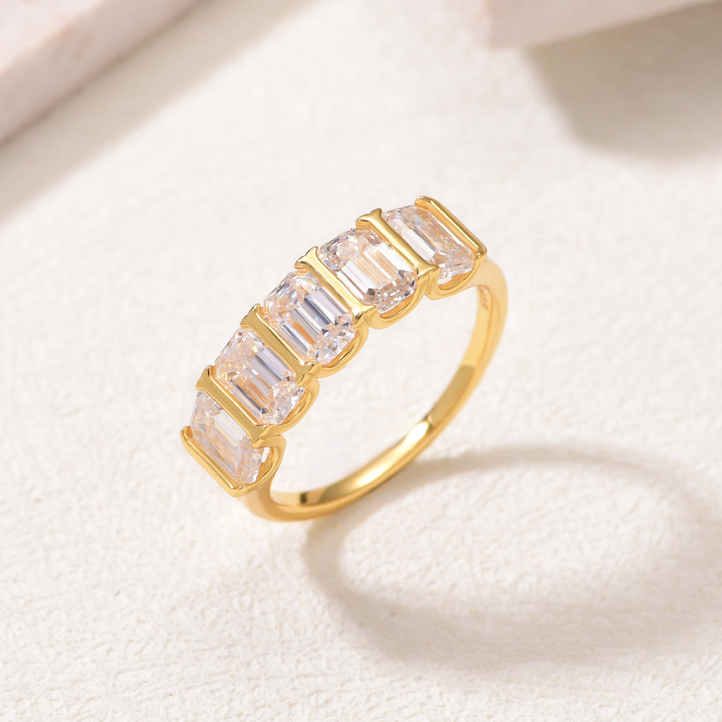 S925 Argent Or plaqué 5-Stone 4x6mm Coupe émeraude Moissanite Anneau d'éternité D Couleur VVS1 US