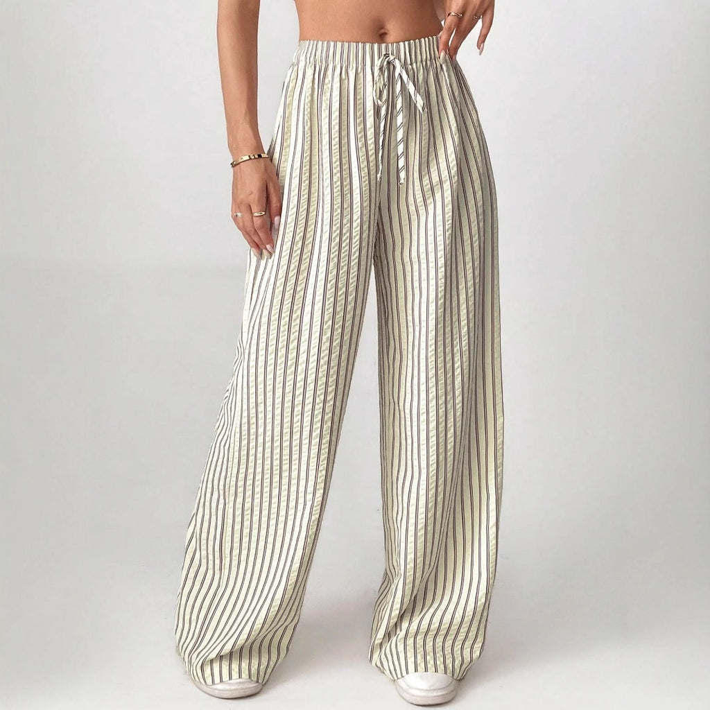 Femmes Haute taille rayée large pantalons de jambe élastique cordon de serrage libre ajustement Casual droit long