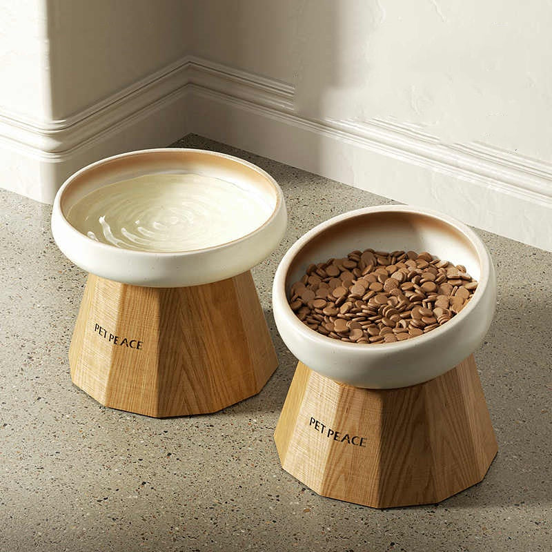 Portable Home Ceramic-Clad Solid Wood Cat Bowl