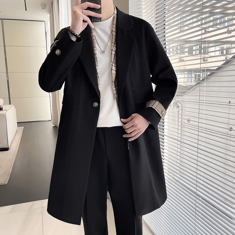Hommes Veste Plaid Collier de chemise couleur bloc Patchwork Slim-fit Trench Coat Trendy