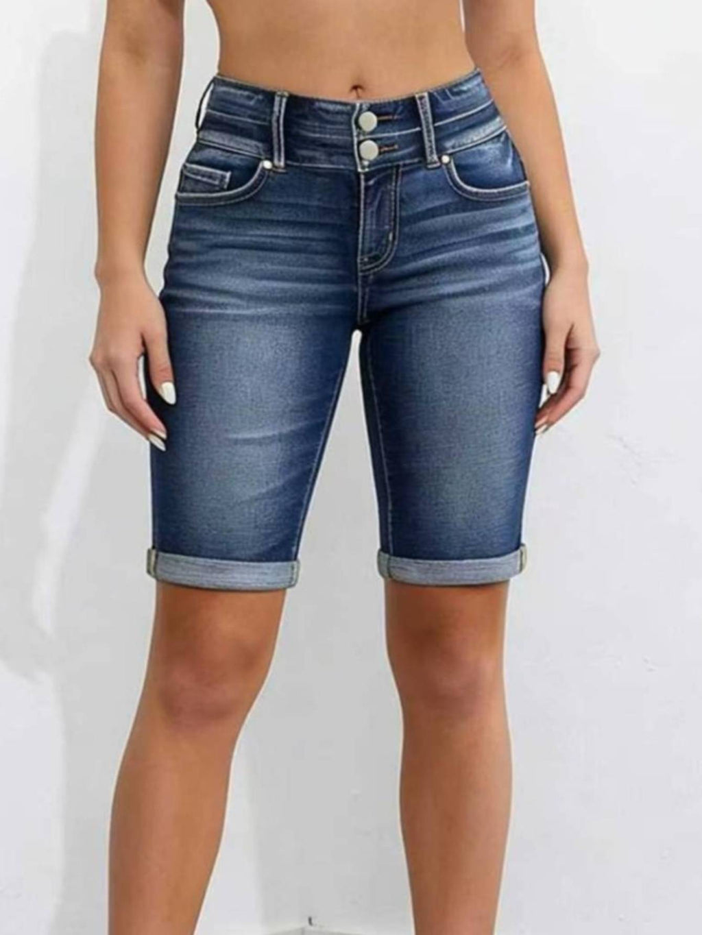 Dark Wash Double Button High Waist Denim Bermuda Shorts Women Cuffed Hem Slim Knee Length