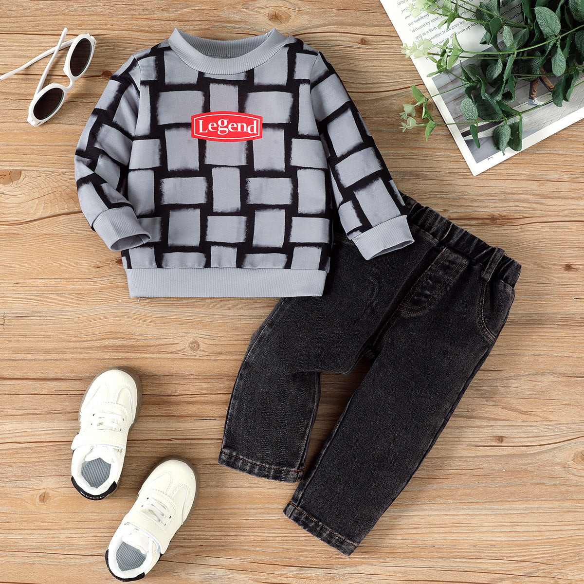 Letter-Print Personnalised Long-Sleeve Top and Pantalons Set pour bébés garçons