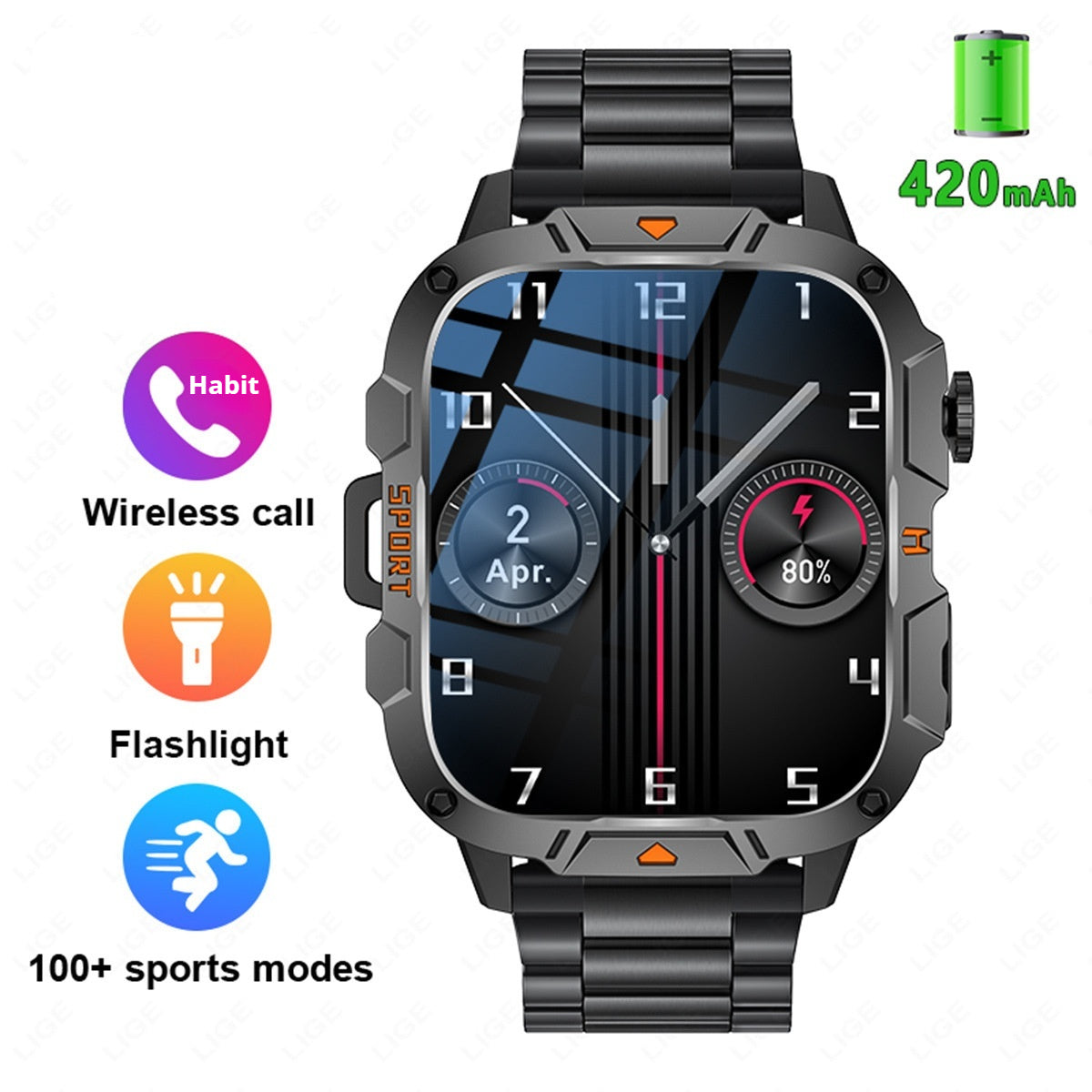 Carré Grand écran Multi-fonctions Sports Courante Coeur Montre intelligente