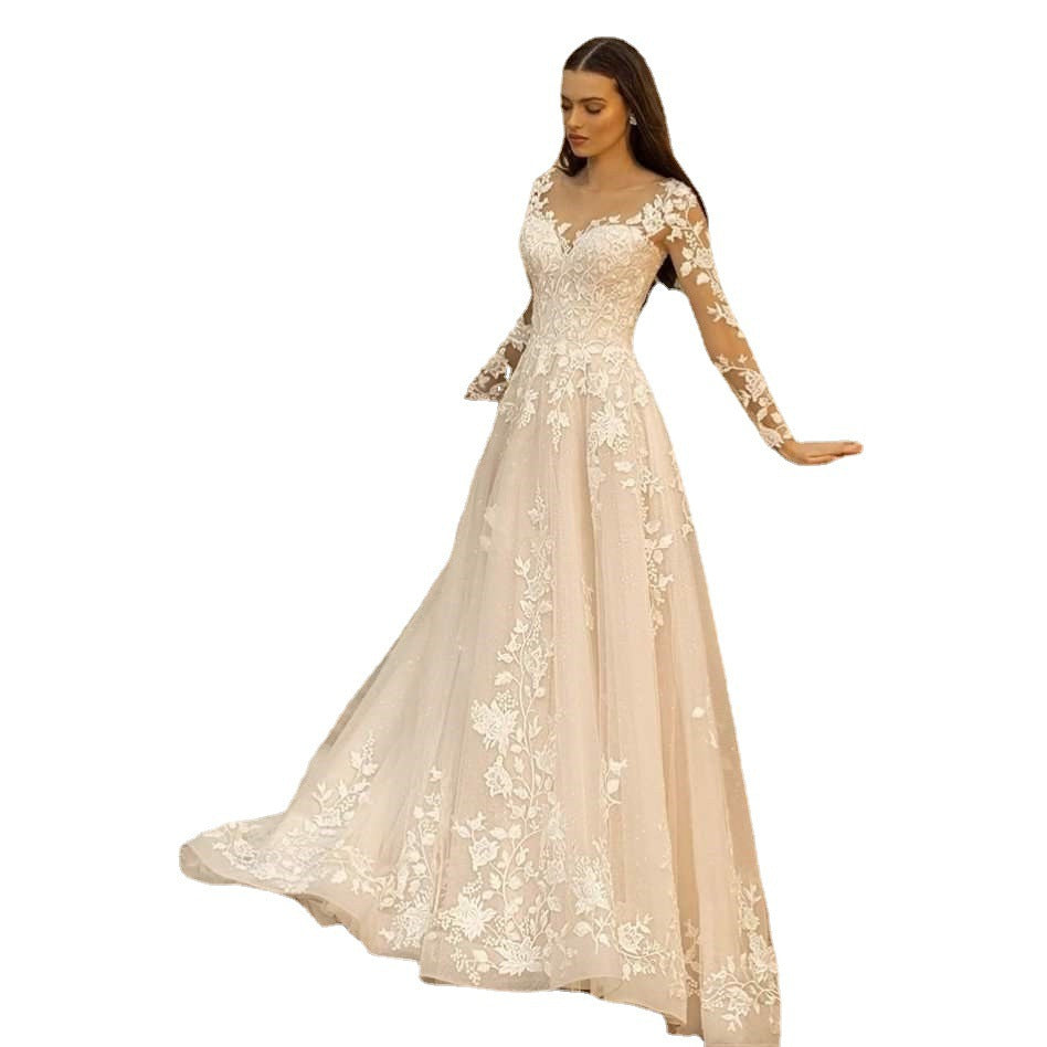 Robe de mariée à manches longues Mori Style nuptiale simple col rond