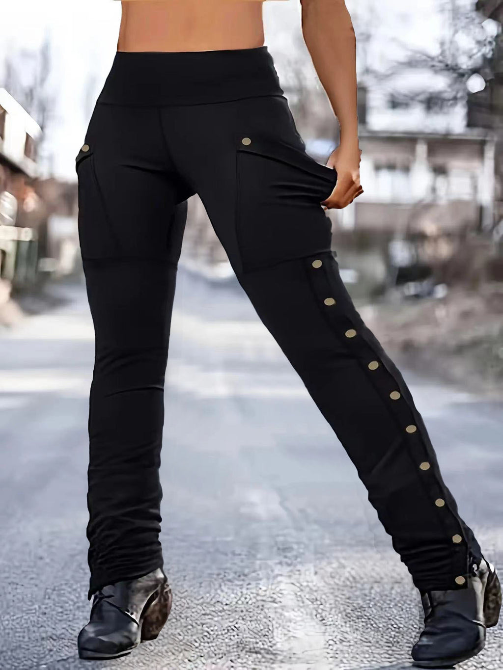 Femmes haute taille pantalons de fret stretch côté bouton Decor Flared Yoga pantalons avec poches Casu