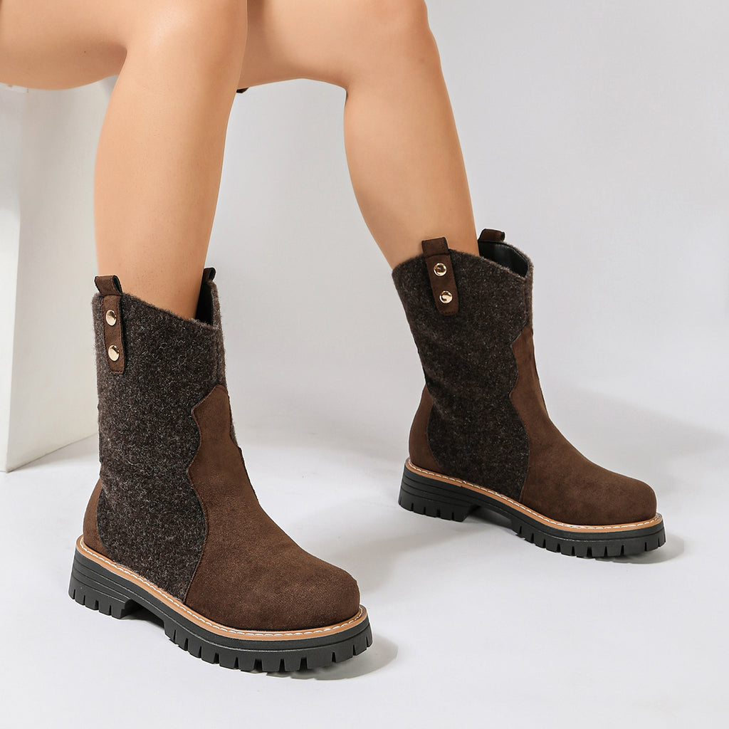 Automne Hiver Arrivée Femmes Plus Taille Vintage Mid-Calf Bottes Suede Bloc Talon Rond Toe Mi