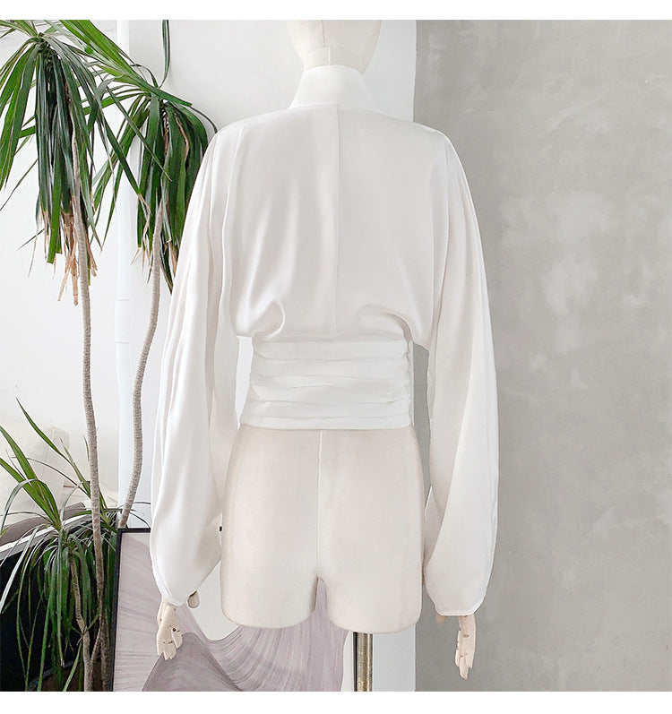 T-shirt à manches longues plissées en drap de taille basse