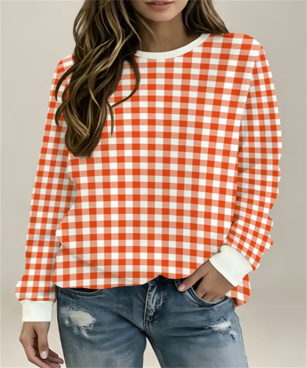 Sweat-shirt en col rond imprimé Gingham Blanc Jaune Femme