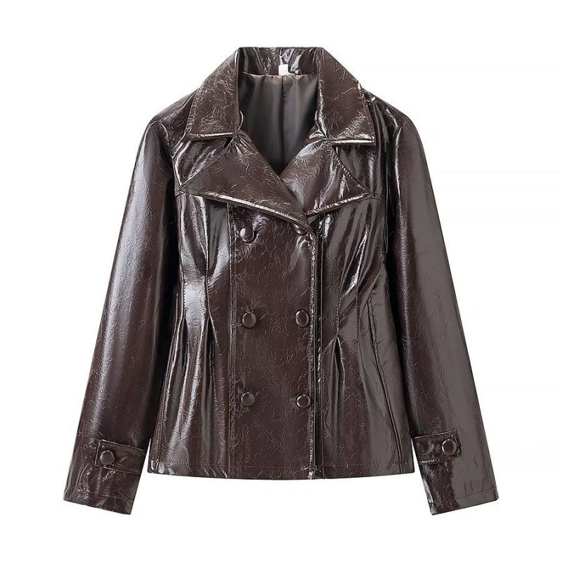 Brevet craqué Faux Cuir Double Breasted Short Blazer & High Waist Mini A-Line Jupe Tw