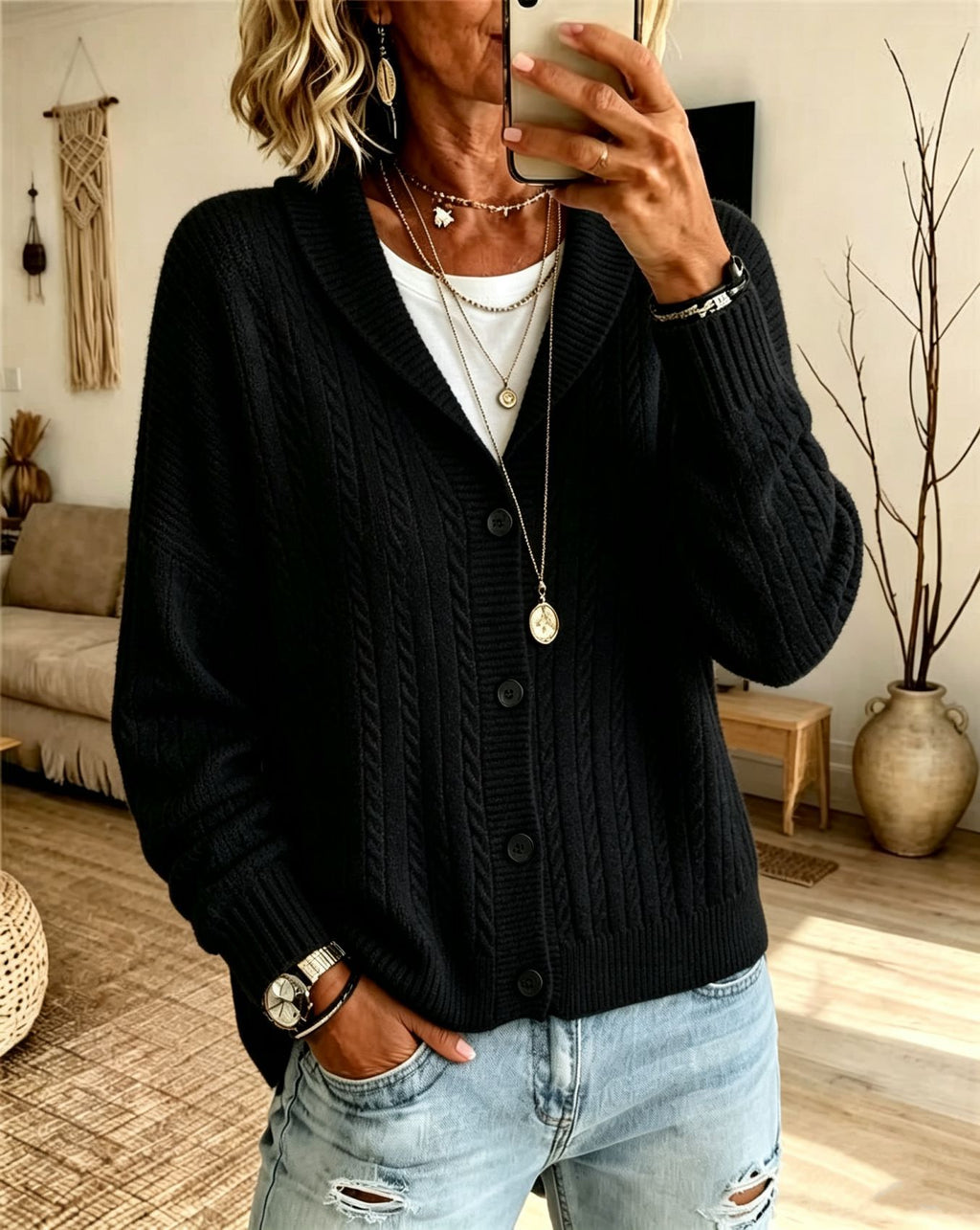 Cardigan à câbles en lapel de couleur solide