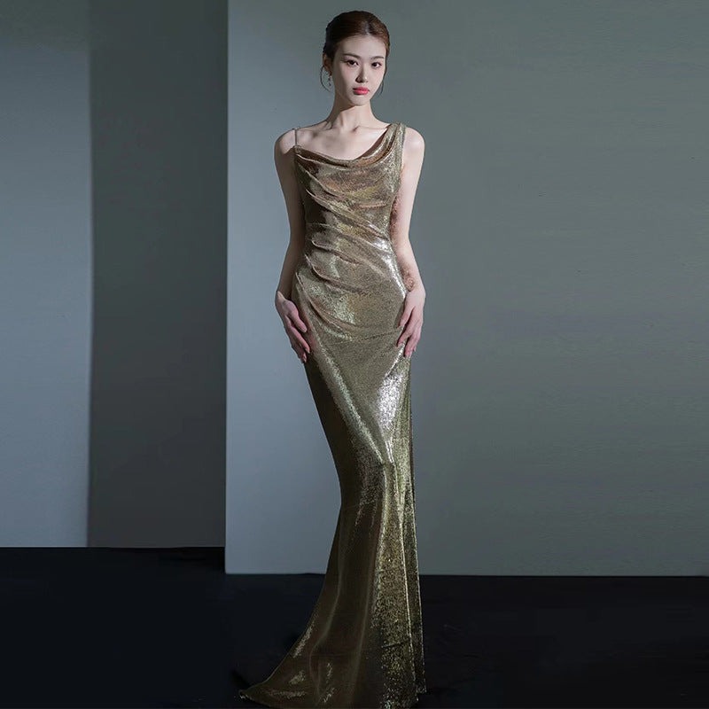 Robe de soirée en queue de poisson pour les femmes Élégante Sequins Réunion annuelle Sexy Backless