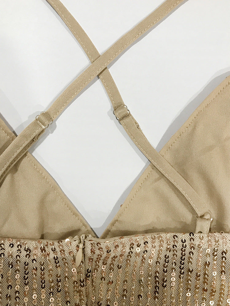 L'automne et l'hiver les femmes sexy magnifique robe pailletée plissée cross strap vacances Style
