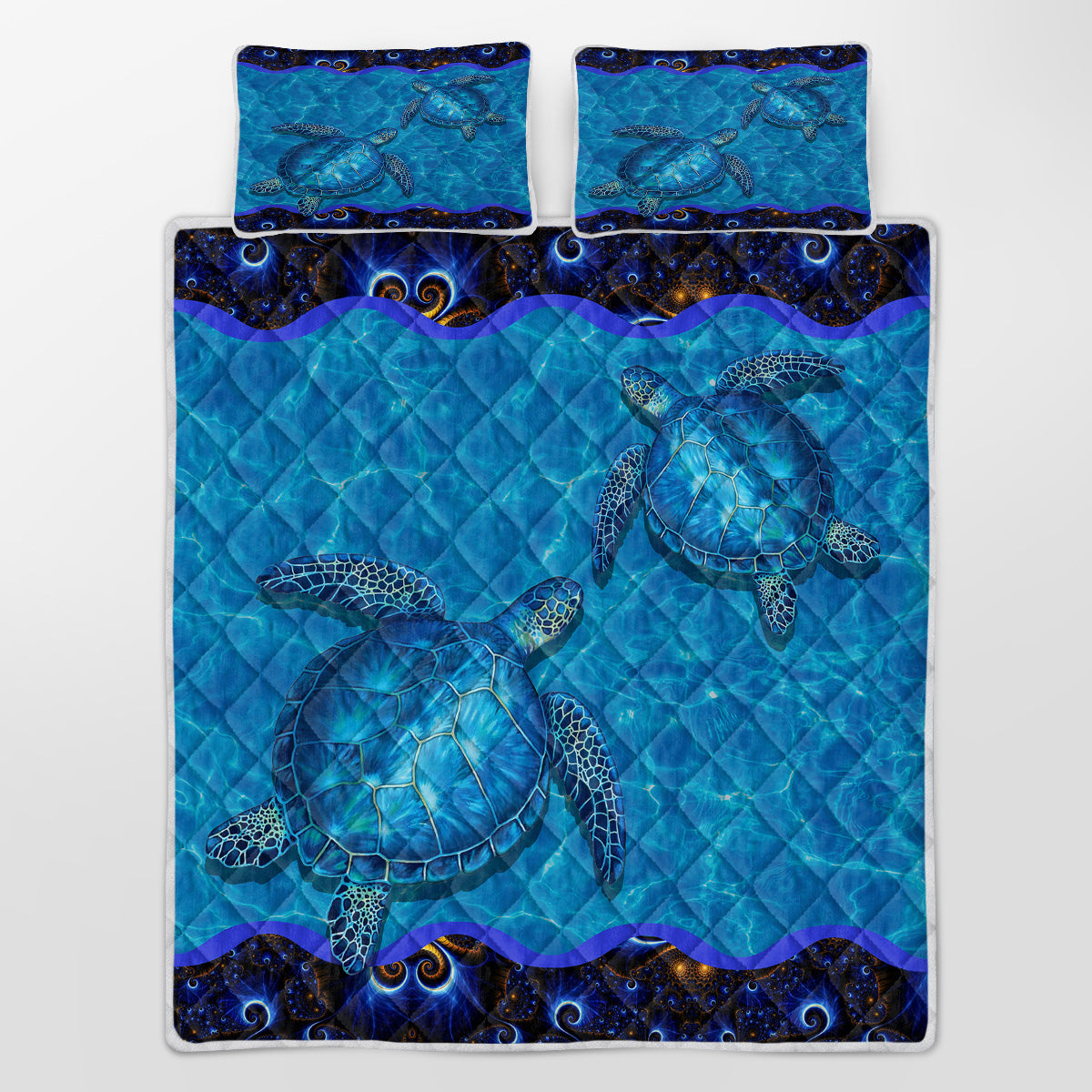 3-Piece Ocean Sea Turtle Printed Quilt Set Soft Microfibre Lightweight Bedspread Coverlet