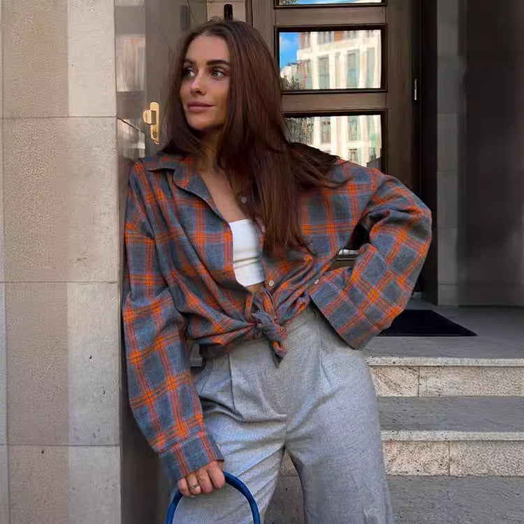 Chemise pour femme d'Amazon Ozon Style rétro enroulé Printemps Automne Hiver Plaid Poche à manches longues