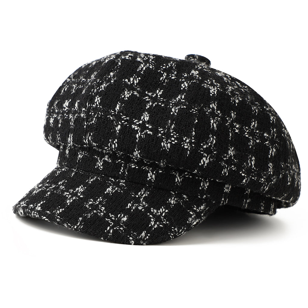 Patterned Tweed Octagonal Newsboy Cap avec un style rétro britannique