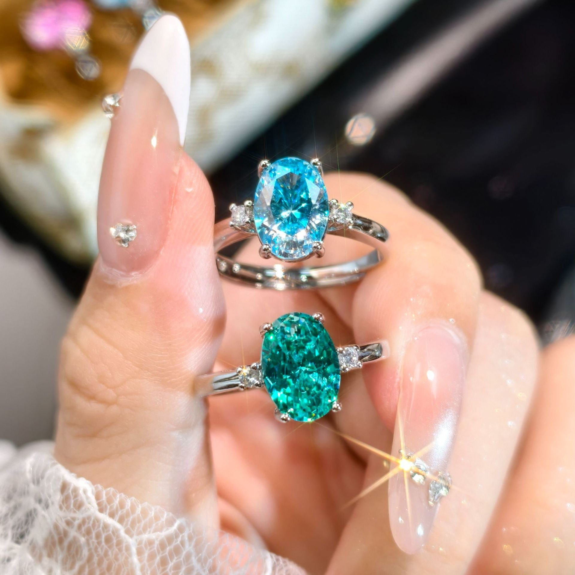 Para Green Ice Flower Cut Sparkling Crushed Ice Zircon Proposition Anneau ouvert pour les femmes Fashio