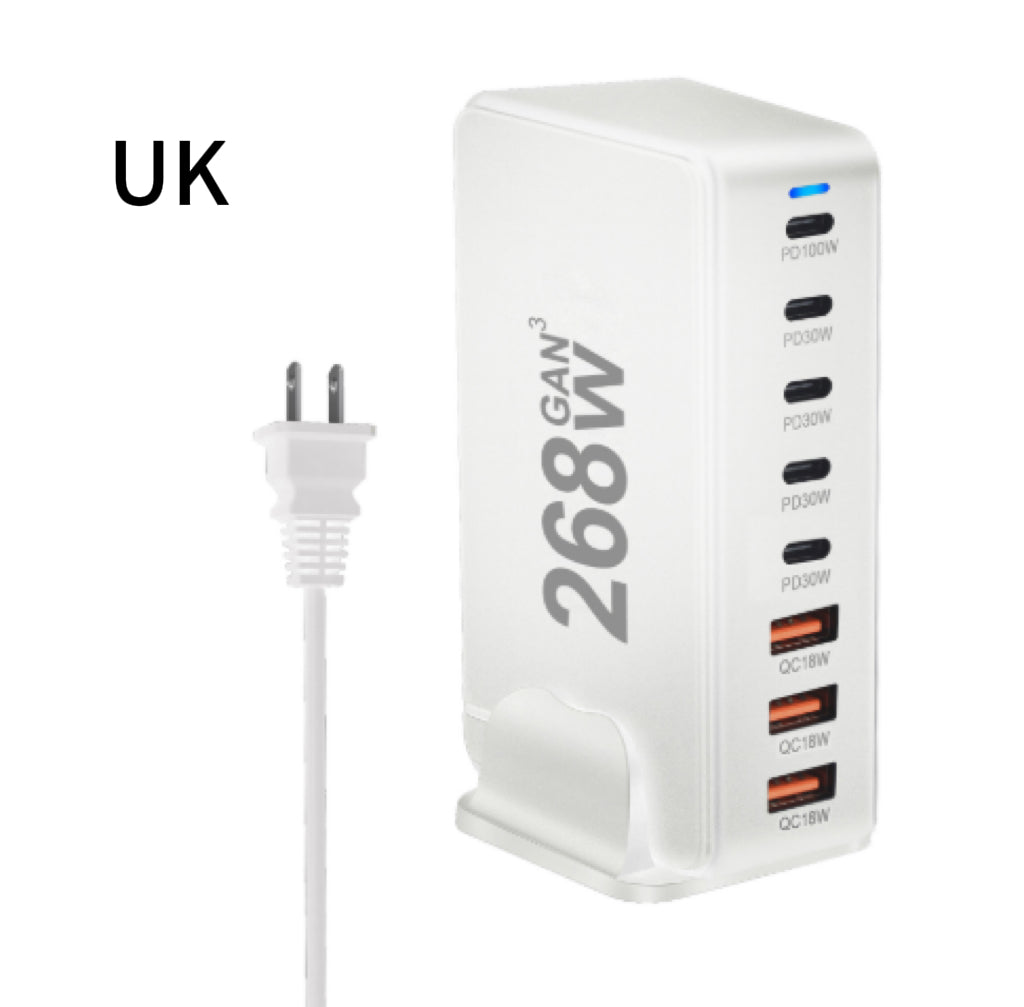 268W Gallium Nitride PD Chargeur de bureau multifonctionnel 5 C3A Adaptateur 8 ports