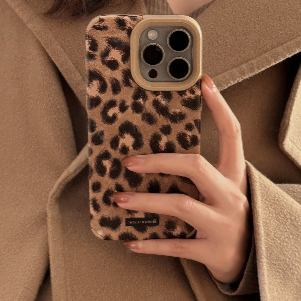 Leopard-Print Plush Lanyard Phone Case Vintage Suede Style